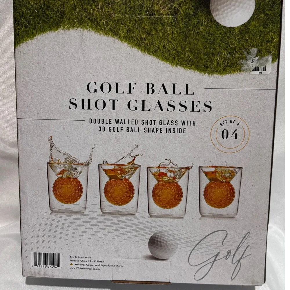 New Golf Ball Whiskey Shot Glasses Set of 4 Double Walled 3D Glass Clear Gift